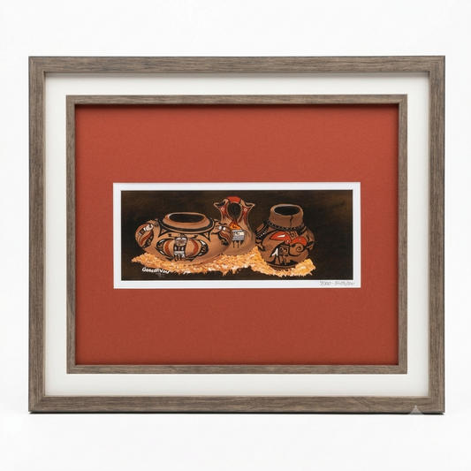 Native American pottery oil painting limited edition Giclée print by Gene Irvin, 1985 — three traditional clay vessels with geometric and figurative designs in earth tones of brown, red, and black on a dark background, displayed on a red mat with driftwood-style wood frame, 8x3 inch print, 14.5x11.625 inches overall, numbered 18/50, ready to hang