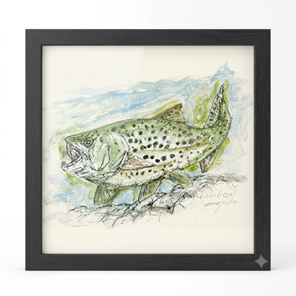  Rainbow Trout framed art print by Gene Irvin — pen, ink, and watercolor illustration of a spotted Rainbow Trout with green and blue watercolor washes resting over river rocks, dark walnut wood frame, 8x10 print, 12x9 inches overall, ready to hang