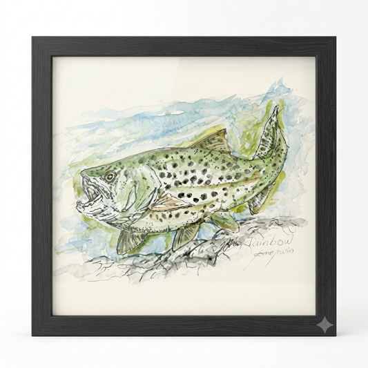  Rainbow Trout framed art print by Gene Irvin — pen, ink, and watercolor illustration of a spotted Rainbow Trout with green and blue watercolor washes resting over river rocks, dark walnut wood frame, 8x10 print, 12x9 inches overall, ready to hang