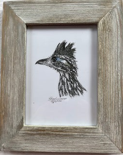 Roadrunner Head framed art print by Gene Irvin, 2018 — dense ink stippling close-up portrait of a Greater Roadrunner head with wild spiky crest, sharp beak, and piercing eye with blue post-ocular streak, rustic grey weathered wood frame, 5x7 inch print, 7.75x9.75 inches overall, ready to hang