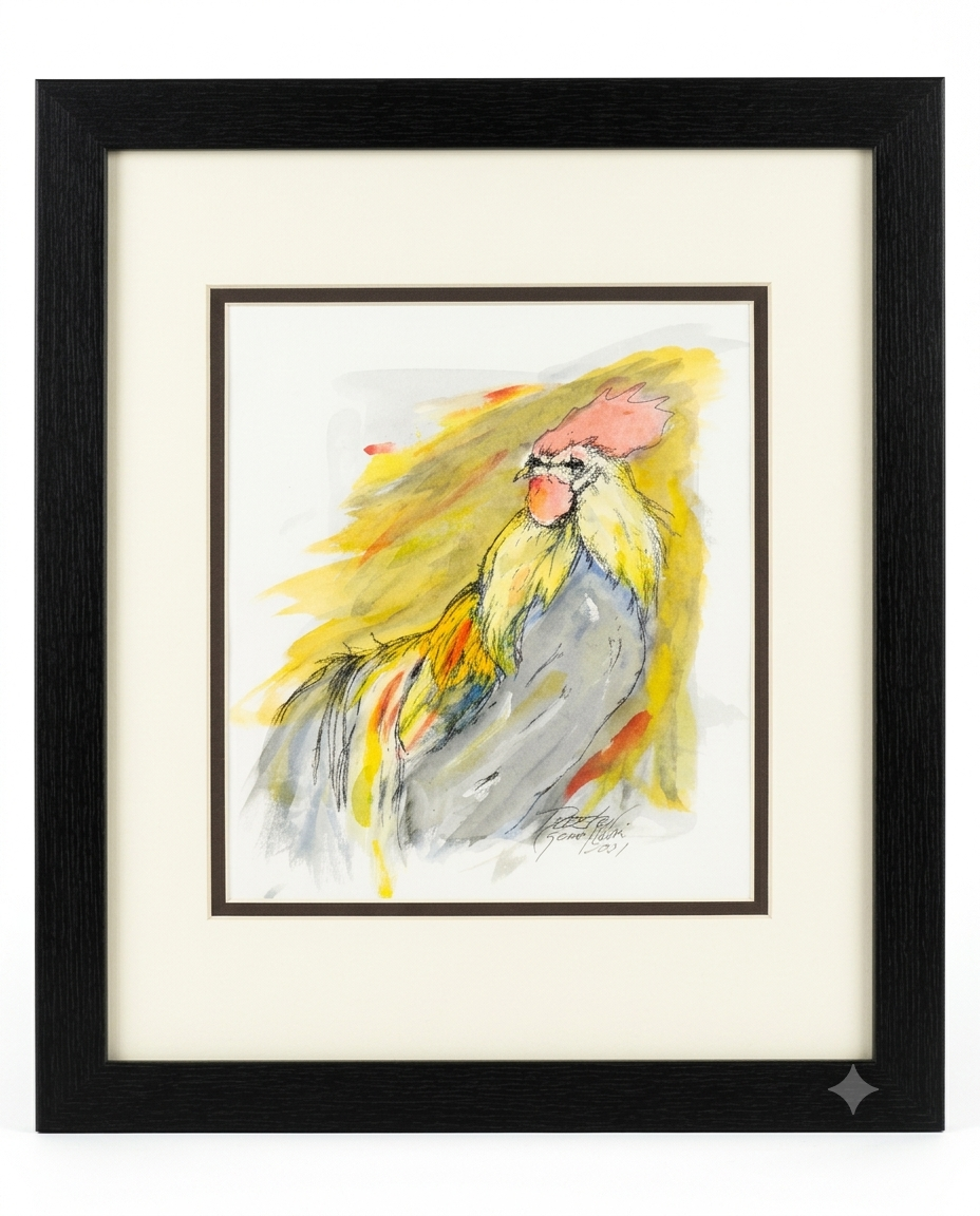 Original rooster watercolor and ink portrait by Gene Irvin, bold yellow and grey washes with gestural ink lines, double matted in black frame, 13×16", ready to hang.