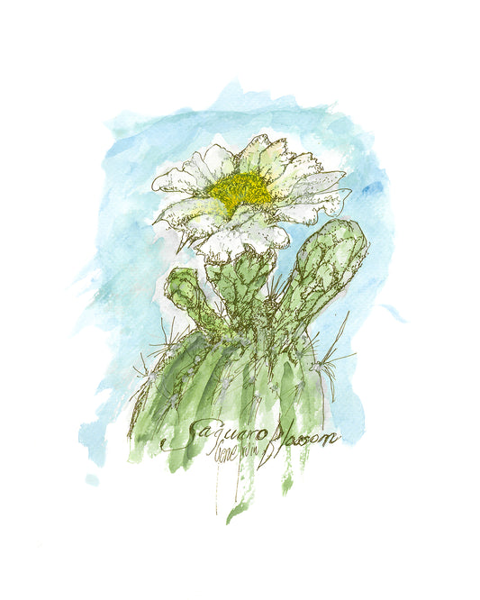 A pen-and-ink watercolor illustration of a Saguaro cactus blossom in full bloom, its large white ruffled petals surrounding a bright yellow center, rising from spiny green cactus arms. Rendered with expressive ink line work against a soft blue watercolor wash. Signed "Saguaro Blossom / Gene Irvin" in the artist's hand at lower center. Original Sonoran Desert botanical art by Gene Irvin (1934–2026).