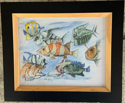 School of Fish framed Giclée print by Gene Irvin, 2007 — whimsical ink stippling and watercolor illustration of seven colorful tropical fish species swimming together including a yellow-striped Butterflyfish, orange-banded fish, Pufferfish, striped fish, and blue-finned fish against a soft blue watercolor ocean wash, black outer frame with natural wood inner frame, 10x8 inch print, 12.5x10.5 inches overall, ready to hang