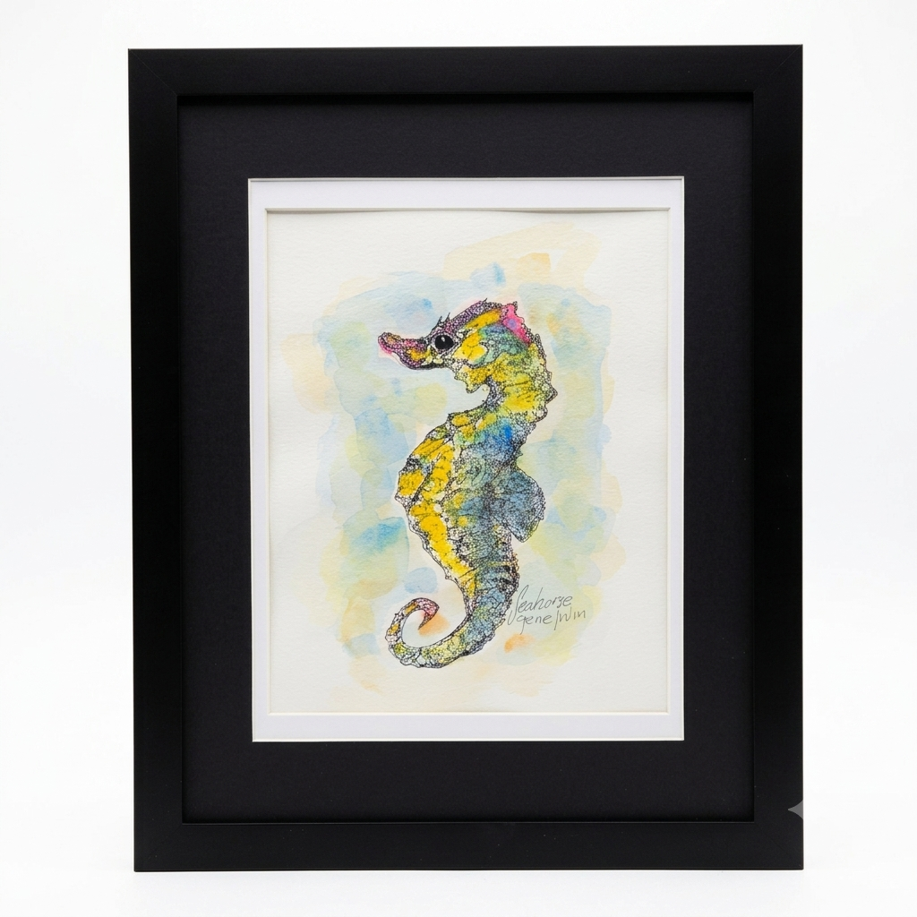Seahorse original pen, ink, and watercolor illustration by Gene Irvin — intricate ink crosshatching over yellow, teal, and pink watercolor washes on an upright seahorse with curled tail, soft blue and yellow watercolor ocean background, white mat, flat black wood frame, 8x10 inch artwork, 12.375x15.5 inches overall, ready to hang