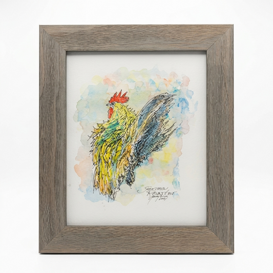 Original Serama Rooster watercolor and ink by Gene Irvin — vibrant yellow-green plumage with blue-grey tail feathers and red comb, gestural brushwork, rustic grey wood frame, 10.5×12.5", ready to hang. Signed "Serama Rooster, Gene Irvin, 2021."