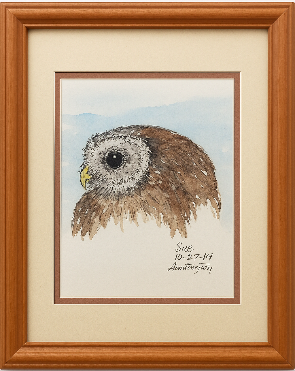 Spotted Owl Head original watercolor and ink illustration by Gene Irvin, 2005 — intimate close-up portrait of a Northern Spotted Owl head with large dark eye, white facial disc with delicate ink line work, and warm brown spotted plumage against a soft blue watercolor wash, honey wood frame with cream and rust double mat, 5x7 inch artwork, 9.75x11.5 inches overall, ready to hang