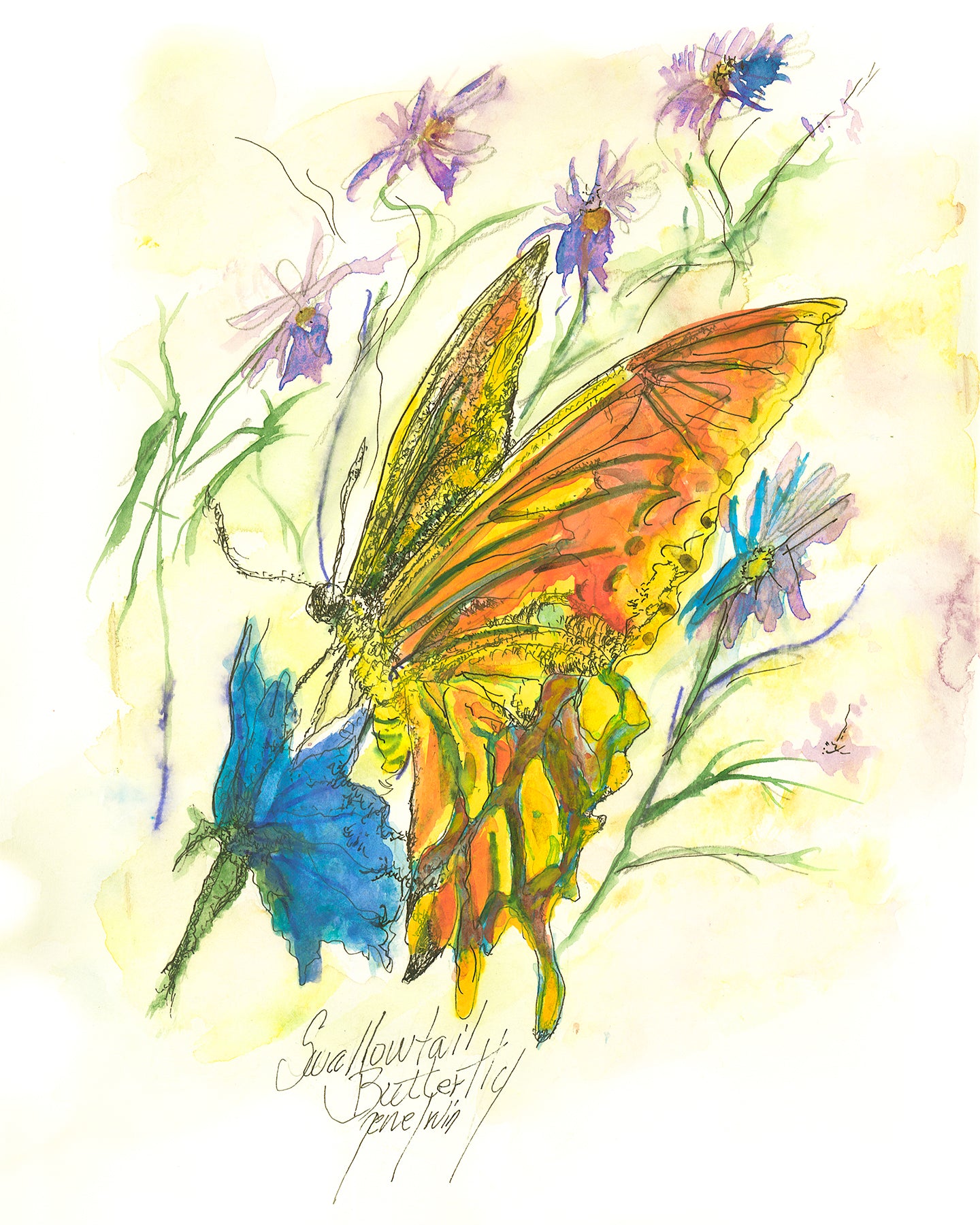  A vibrant pen-and-ink watercolor illustration of a swallowtail butterfly in flight, its wings rendered in warm orange, yellow, and green tones with expressive ink line work. A blue butterfly rests on a wildflower below, surrounded by loosely painted purple and blue blooms on green stems. Signed "Swallowtail Butterfly / Gene Irvin" in the artist's hand at lower center. Original wildlife art by Gene Irvin (1934–2026).