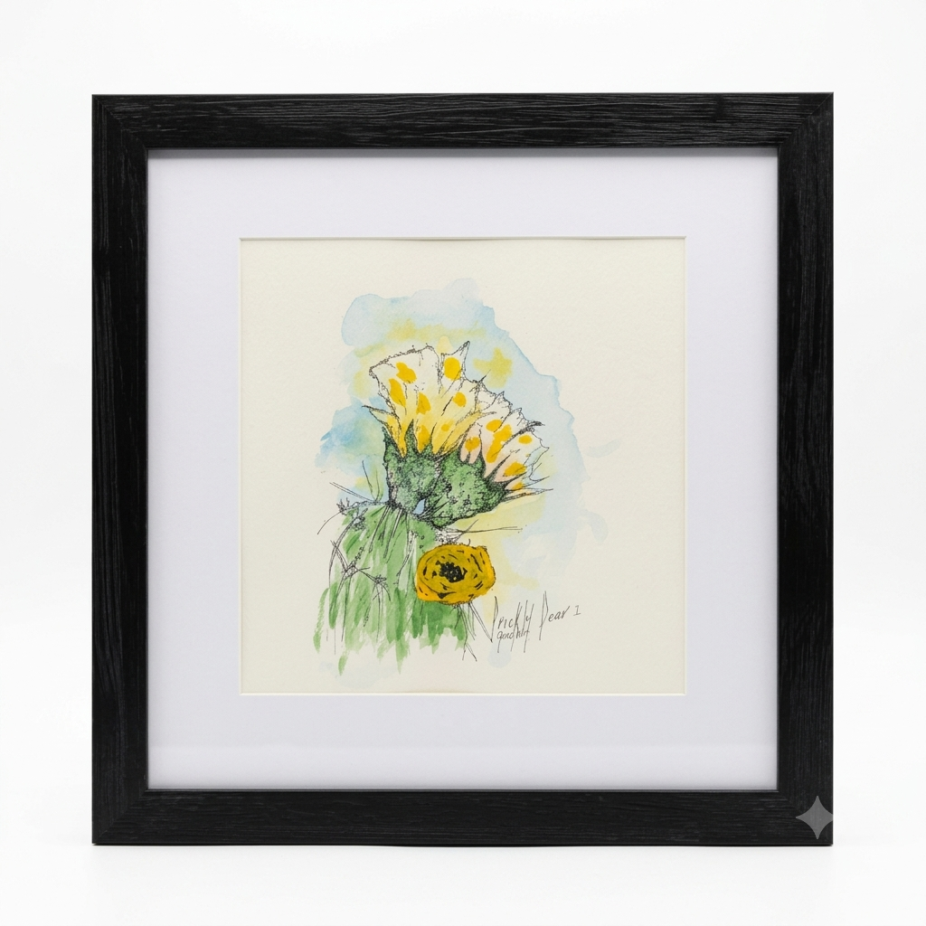 Yellow Cactus Flower original watercolor and ink illustration by Gene Irvin, 2021 — loose gestural ink line drawing of a small barrel cactus with a vivid yellow sunflower-like bloom and wispy spines, soft blue watercolor sky wash background, white mat, flat black wood frame, 8x10 inch artwork, 12.375x15.5 inches overall, ready to hang