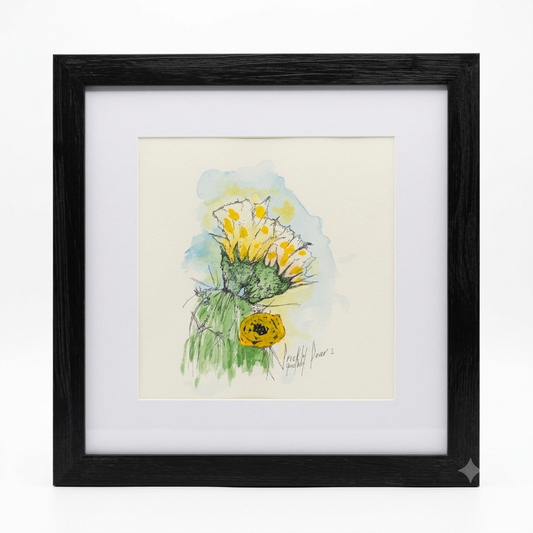 Yellow Cactus Flower original watercolor and ink illustration by Gene Irvin, 2021 — loose gestural ink line drawing of a small barrel cactus with a vivid yellow sunflower-like bloom and wispy spines, soft blue watercolor sky wash background, white mat, flat black wood frame, 8x10 inch artwork, 12.375x15.5 inches overall, ready to hang