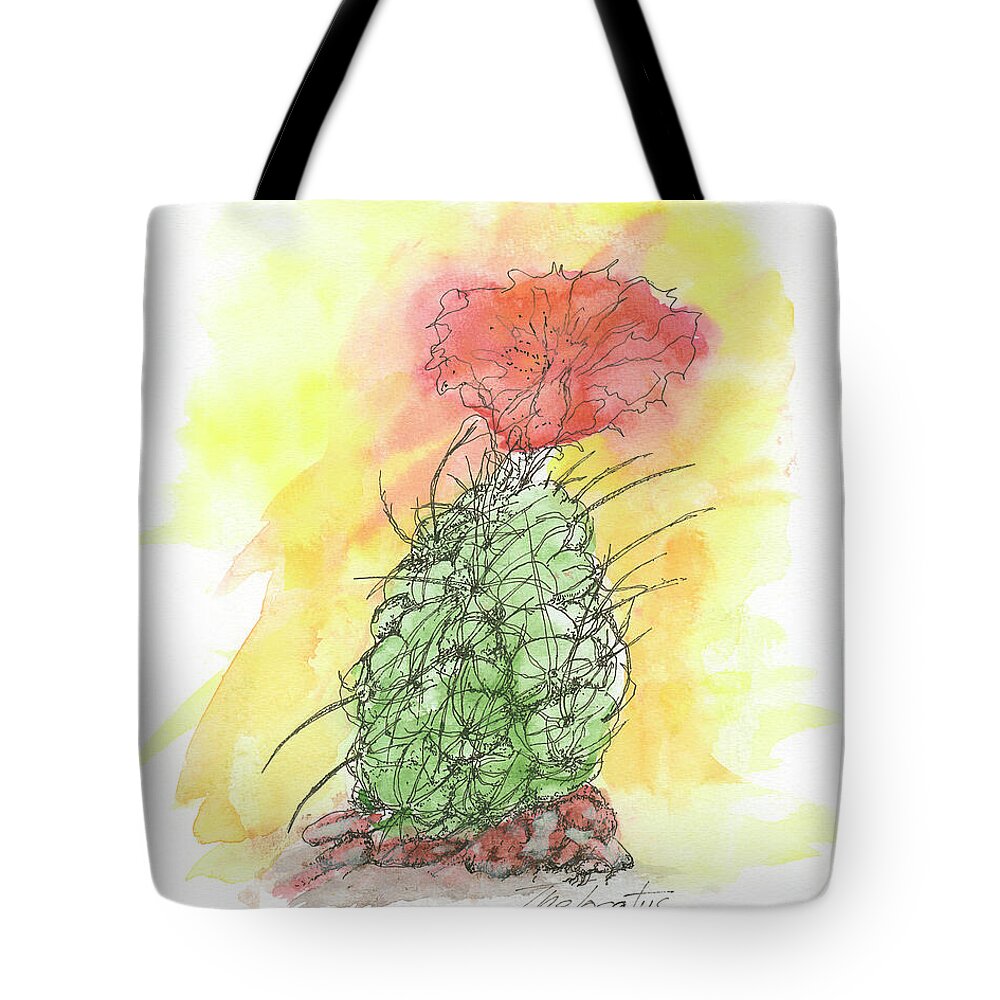 Thelocactus Flower canvas tote bag featuring Gene Irvin's Southwest botanical art — a ribbed desert cactus with a vivid colorful bloom printed on a canvas tote
