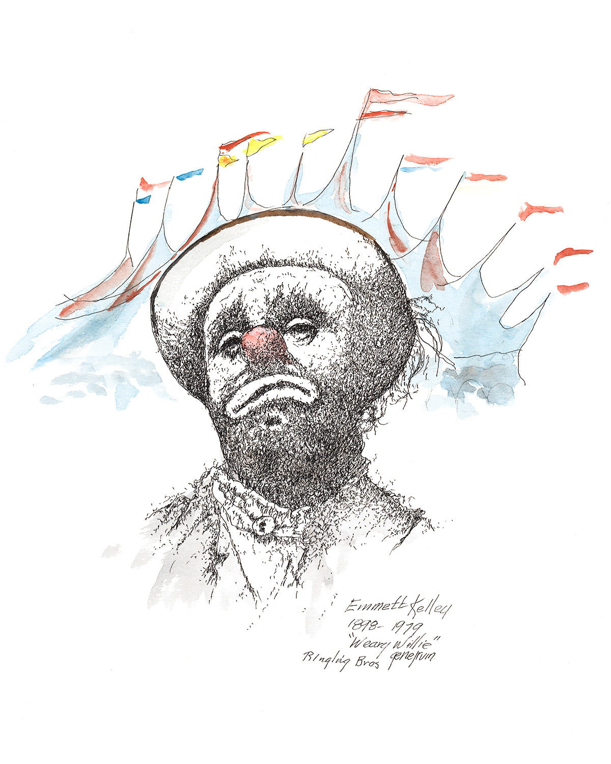 Pen and ink portrait of Emmett Kelly as his iconic Weary Willie hobo clown character by Arizona artist Gene Irvin (1934–2026). Ringling Bros. circus tribute portrait art.