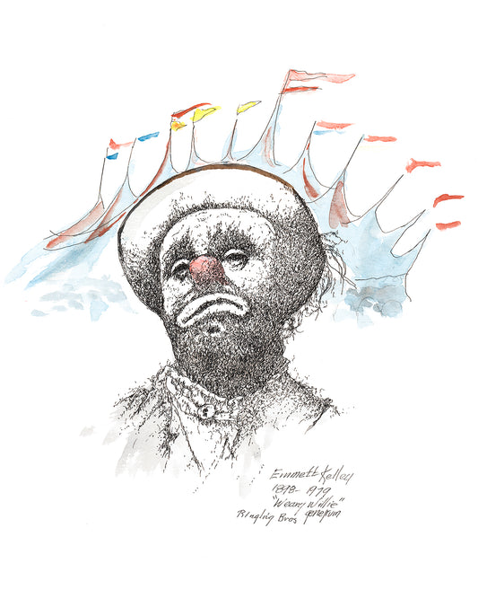 Pen and ink portrait of Emmett Kelly as his iconic Weary Willie hobo clown character by Arizona artist Gene Irvin (1934–2026). Ringling Bros. circus tribute portrait art.