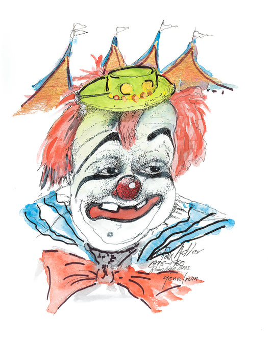  Pen and ink portrait of Felix Adler, beloved Ringling Bros. circus clown, by Arizona artist Gene Irvin (1934–2026). Circus tribute portrait art honoring a classic American entertainer.