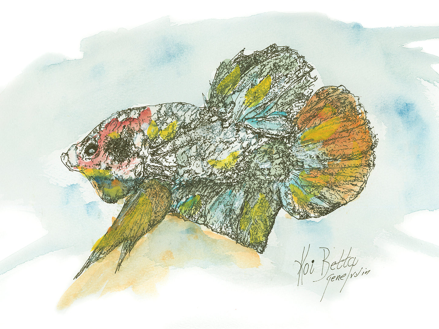 Koi Betta pen, ink, and watercolor illustration by Gene Irvin — full-body side view of a Koi Betta fish with flowing fins and tail, dense stippled ink detail over multicolored watercolor washes of teal, yellow-green, red-pink, and orange-brown, soft blue watercolor background, signed by the artist