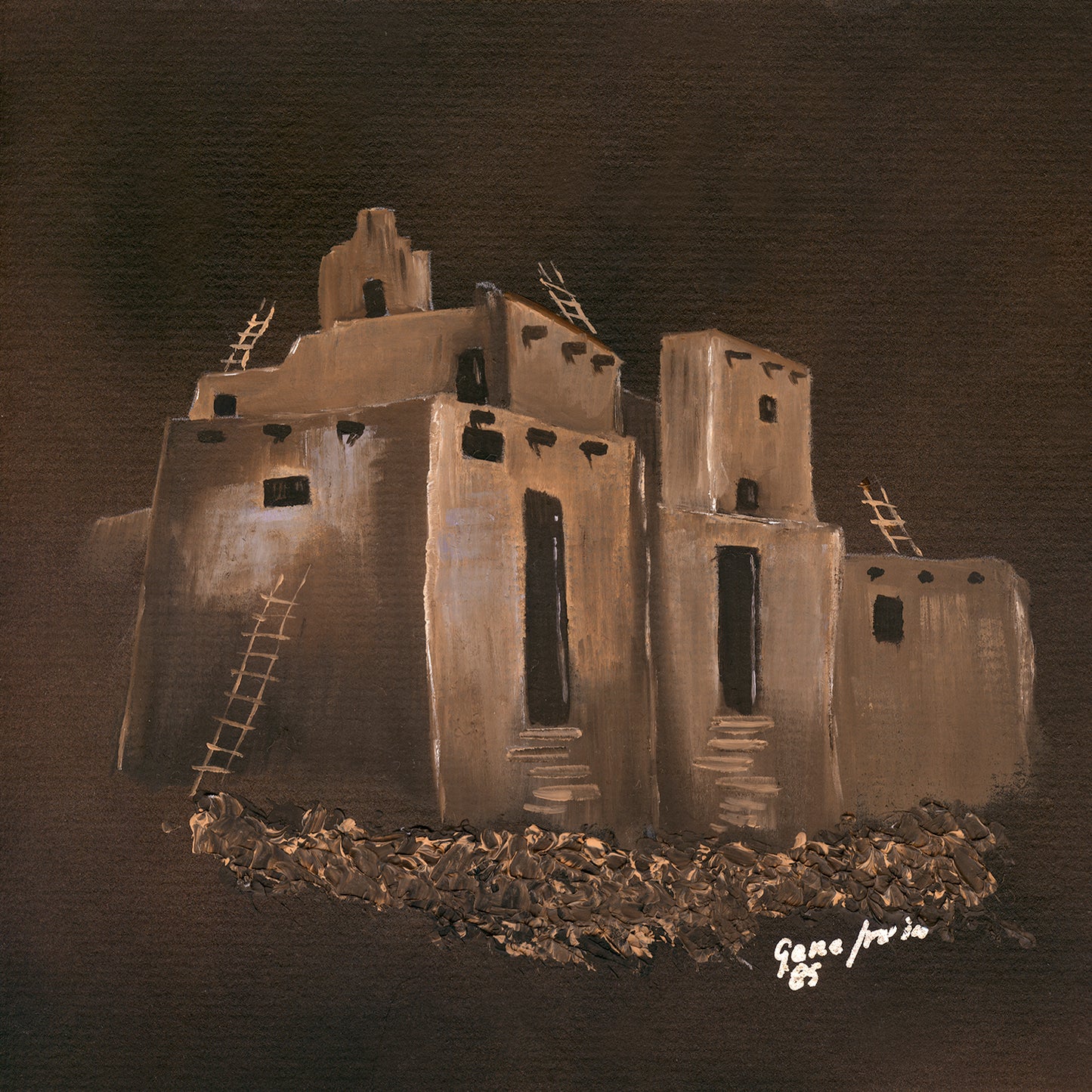 Limited edition Giclée print of Pueblo 1 oil painting by Gene Irvin — multi-story adobe pueblo complex with wooden ladders and stepped architecture against a dark background, warm earth tones, signed "Gene Irvin, '85." 8×8" print.
