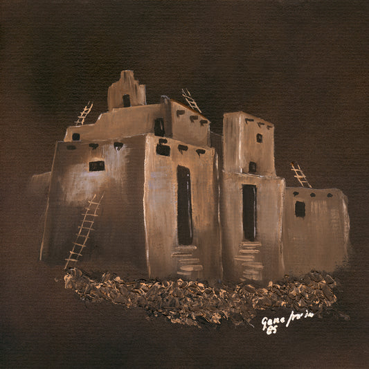 Limited edition Giclée print of Pueblo 1 oil painting by Gene Irvin — multi-story adobe pueblo complex with wooden ladders and stepped architecture against a dark background, warm earth tones, signed "Gene Irvin, '85." 8×8" print.