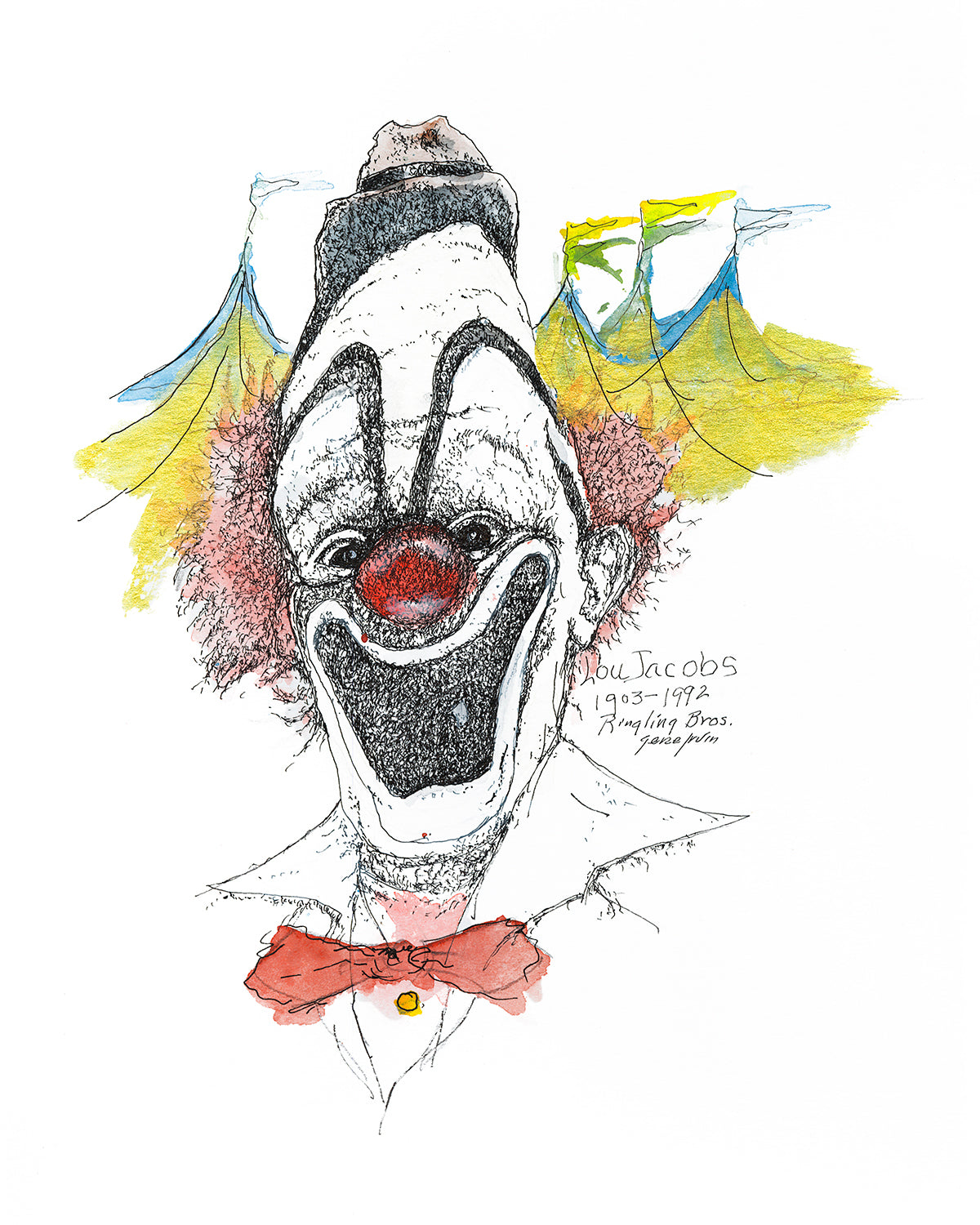Pen and ink portrait of Lou Jacobs, legendary Ringling Bros. and Barnum & Bailey Circus clown, by Arizona artist Gene Irvin (1934–2026). Circus tribute portrait art featuring Lou's iconic clown makeup and character.