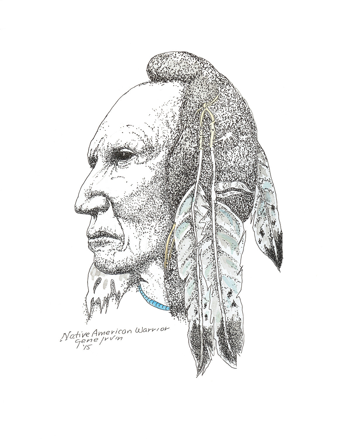 Native American warrior portrait — pen, ink, and watercolor greeting card art by Arizona artist Gene Irvin (1934–2026). A tribute to the Indigenous warrior tradition and cultural heritage of the American Southwest. Part of the Southwestern & Native American Art collection at Gene's Pen & Ink.