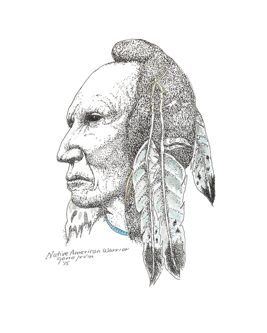 Native American warrior portrait — pen, ink, and watercolor greeting card art by Arizona artist Gene Irvin (1934–2026). A tribute to the Indigenous warrior tradition and cultural heritage of the American Southwest. Part of the Southwestern & Native American Art collection at Gene's Pen & Ink.