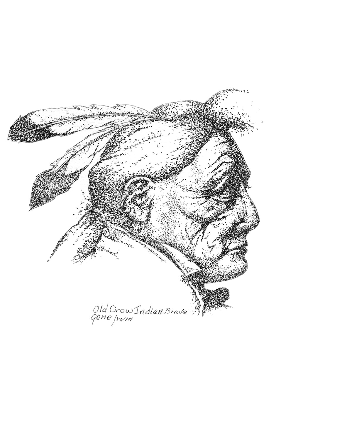 Old Crow Brave Native American warrior portrait — pen, ink, and watercolor greeting card art by Arizona artist Gene Irvin (1934–2026). A tribute to the Indigenous warrior tradition of the American Southwest, part of the Southwestern & Native American Art collection at Gene's Pen & Ink.