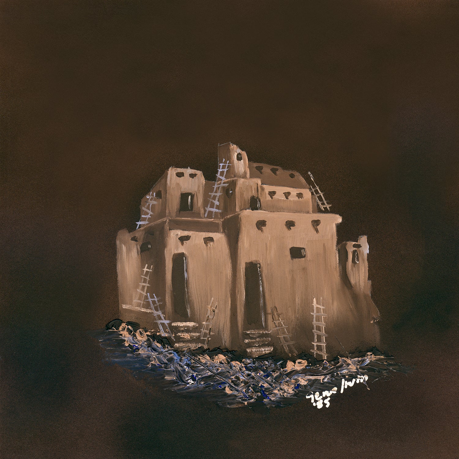 Limited edition Giclée print of Pueblos 2 oil painting by Gene Irvin — multi-story adobe pueblo with wooden ladders against a dark background, warm earth tones, signed "Gene Irvin, '85." 8×8" print.