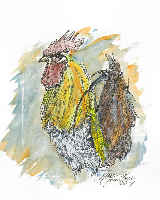 Rooster pen, ink, and watercolor illustration by Gene Irvin, 2004 — proud rooster with red comb and wattles, golden yellow hackle feathers, and dark tail plumes, expressive loose ink line work with blue-grey and orange watercolor washes, signed by the artist
