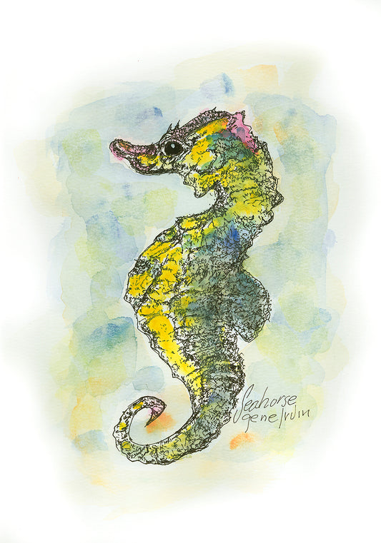 Seahorse pen, ink, and watercolor illustration by Gene Irvin — full-body seahorse in vivid yellow, green, and teal watercolor washes with loose ink line work, pink dorsal fin accent, curled tail, soft blue-green ocean background, signed by the artist