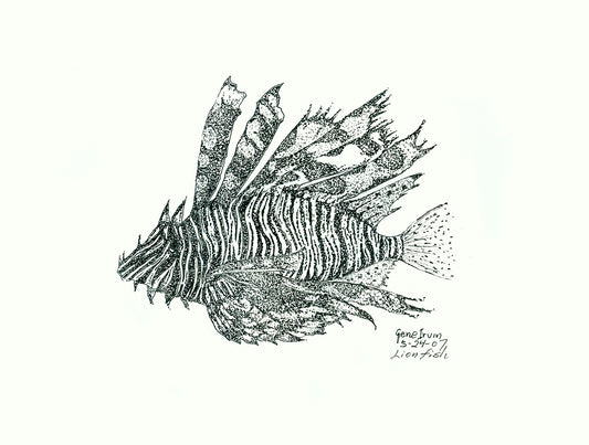 Spot-fin Lionfish pure pen and ink illustration by Gene Irvin, May 2007 — full-body side view of a lionfish with dramatic venomous spines and bold striped body, dense black stippling and line work on white background, no color, signed by the artist